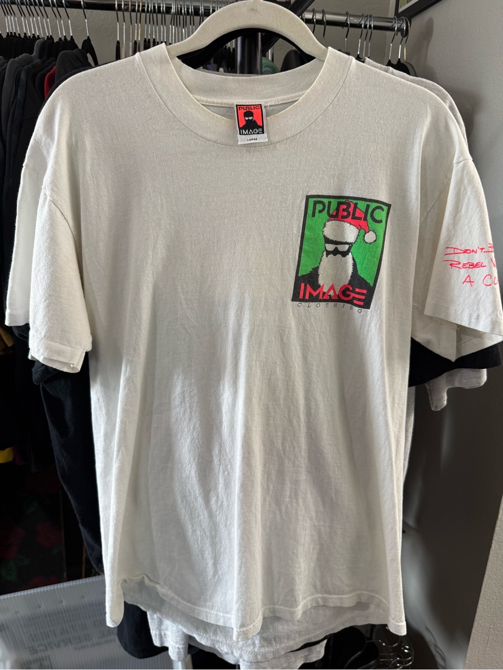RARE VTG 1990 Public Image Clothing white tee with Santa graphic Mens Size L